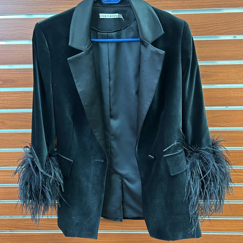 Alice + Olivia Black Velvet Blazer with Feather Trim